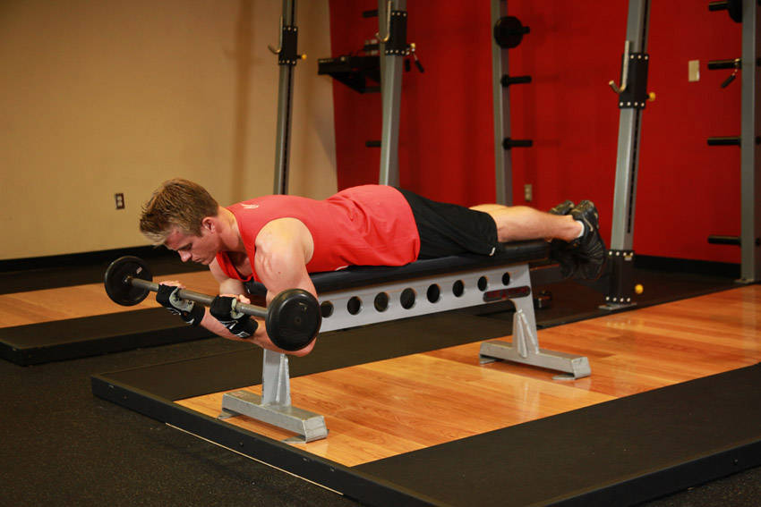 Lying High Bench Barbell Curl variant 2